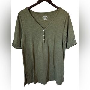 Chico's ultimate tee size 1 Green Longer Length 3 Button V Neck Cotton Blend